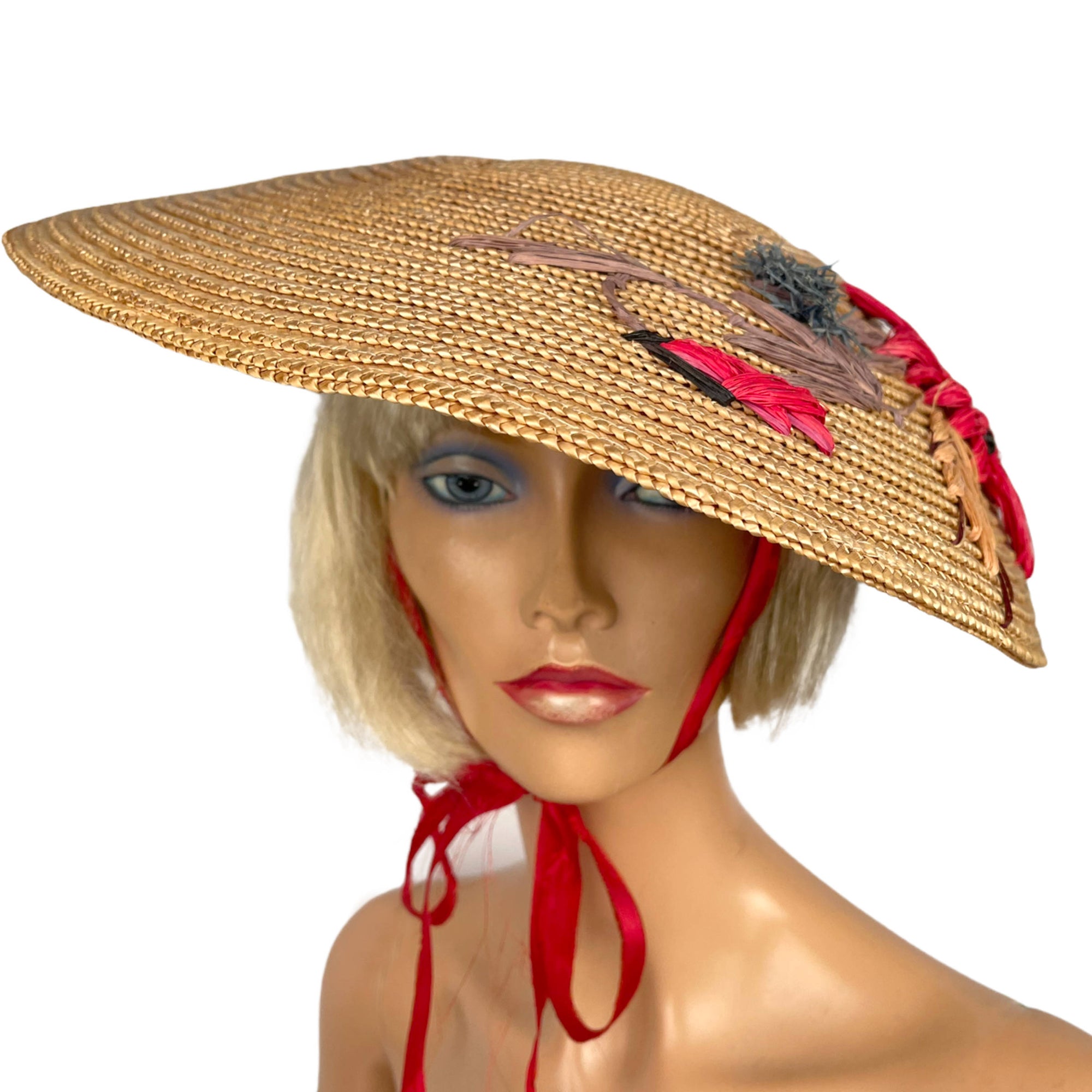 Vintage 1940s Straw Platter Hat Embroidered Flowers One Size