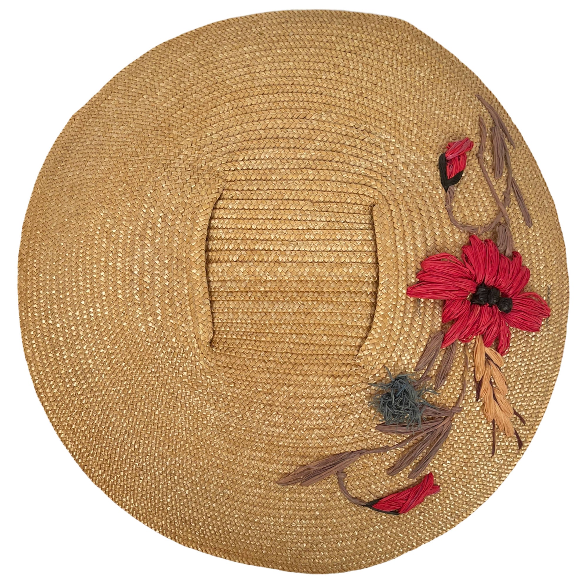Vintage 1940s Straw Platter Hat Embroidered Flowers One Size