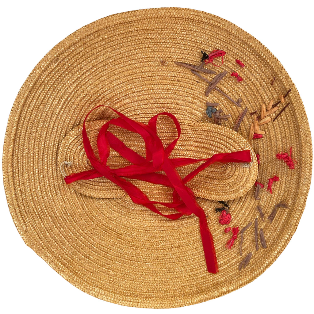 Vintage 1940s Straw Platter Hat Embroidered Flowers One Size