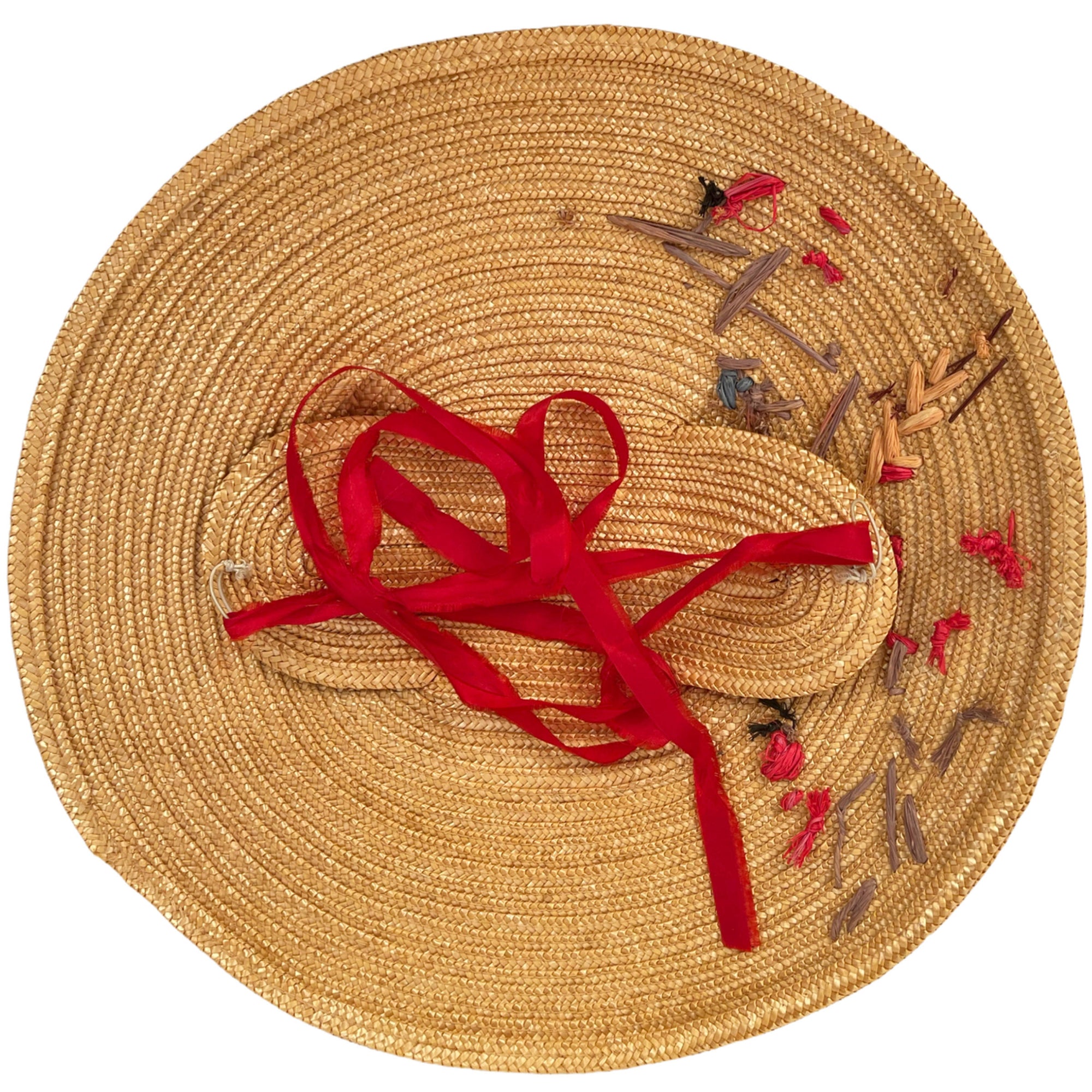 Vintage 1940s Straw Platter Hat Embroidered Flowers One Size