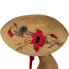 Vintage 1940s Straw Platter Hat Embroidered Flowers One Size