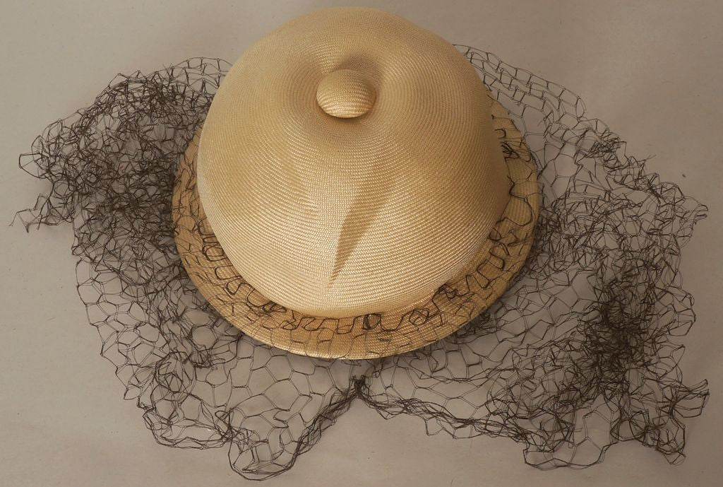 1960s Veiled Hat, by Patrick de Barentzen Monsieur Gilles - Italian Pith-Style Helmet - Poppy's Vintage Clothing