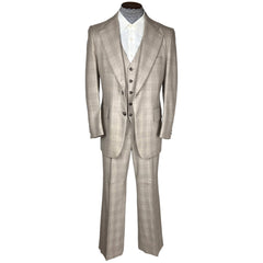 Vintage 1970s Mens 3 piece Suit Checked Beige Wool Size M