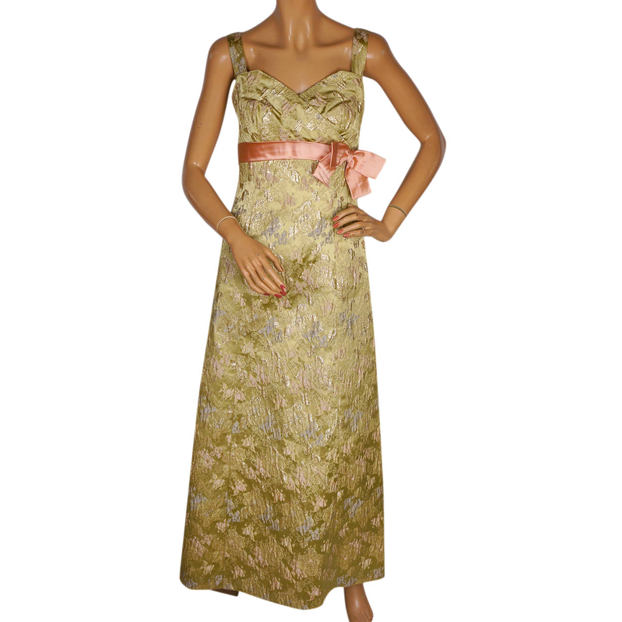 Vintage 1960s Evening Gown Gold Lame Brocade Switzerland Long Dress Size 10 M - Poppy's Vintage Clothing