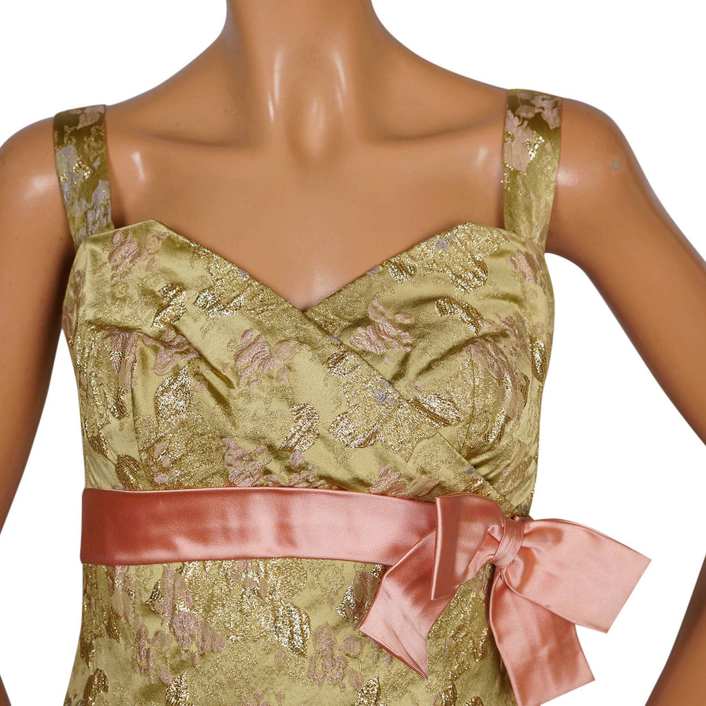 Vintage 1960s Evening Gown Gold Lame Brocade Switzerland Long Dress Size 10 M - Poppy's Vintage Clothing
