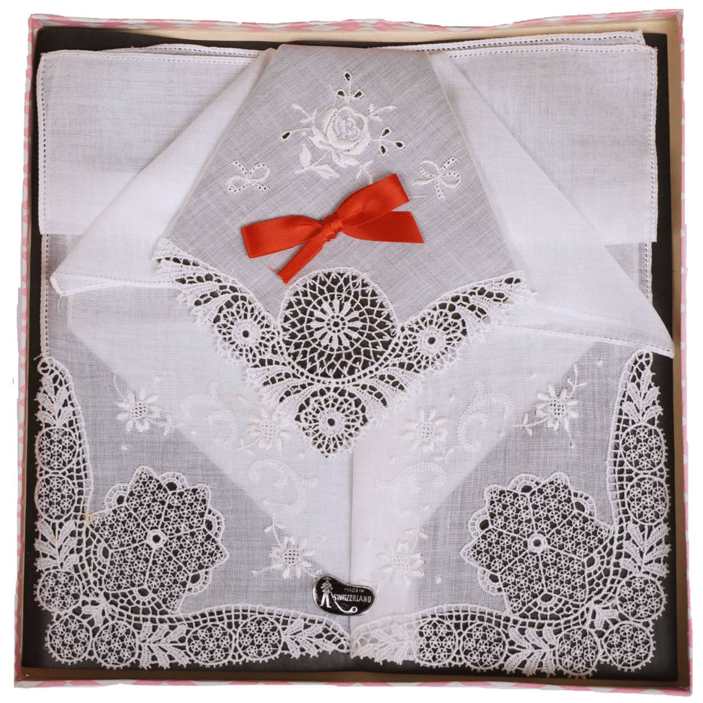 Vintage Swiss Cotton Lace Handkerchief Wedding Hankie Unused in Box Switzerland - Poppy's Vintage Clothing