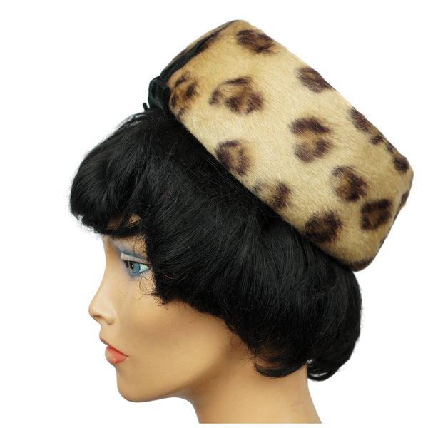Vintage 1960s Leopard Faux Fur Pillbox Hat Swiss Plush Felt Reggi of Wilshire M - Poppy's Vintage Clothing