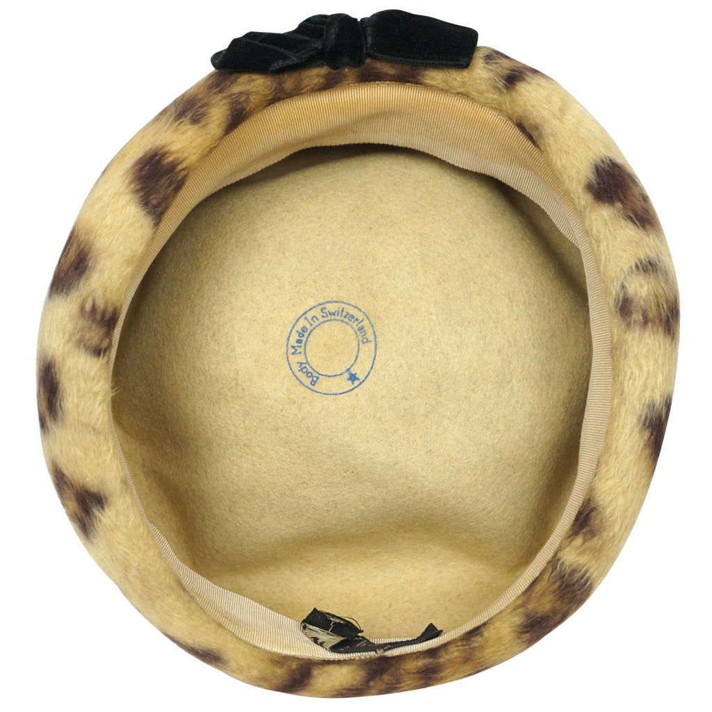 Vintage 1960s Leopard Faux Fur Pillbox Hat Swiss Plush Felt Reggi of Wilshire M - Poppy's Vintage Clothing