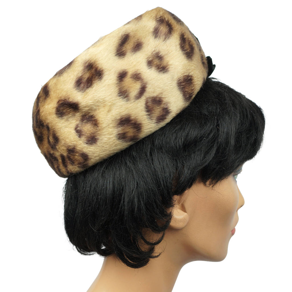 Vintage 1960s Leopard Faux Fur Pillbox Hat Swiss Plush Felt Reggi of Wilshire M - Poppy's Vintage Clothing