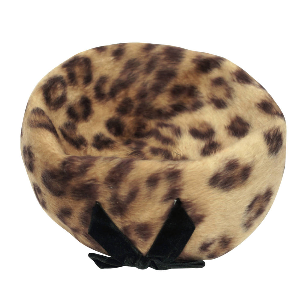 Vintage 1960s Leopard Faux Fur Pillbox Hat Swiss Plush Felt Reggi of Wilshire M - Poppy's Vintage Clothing