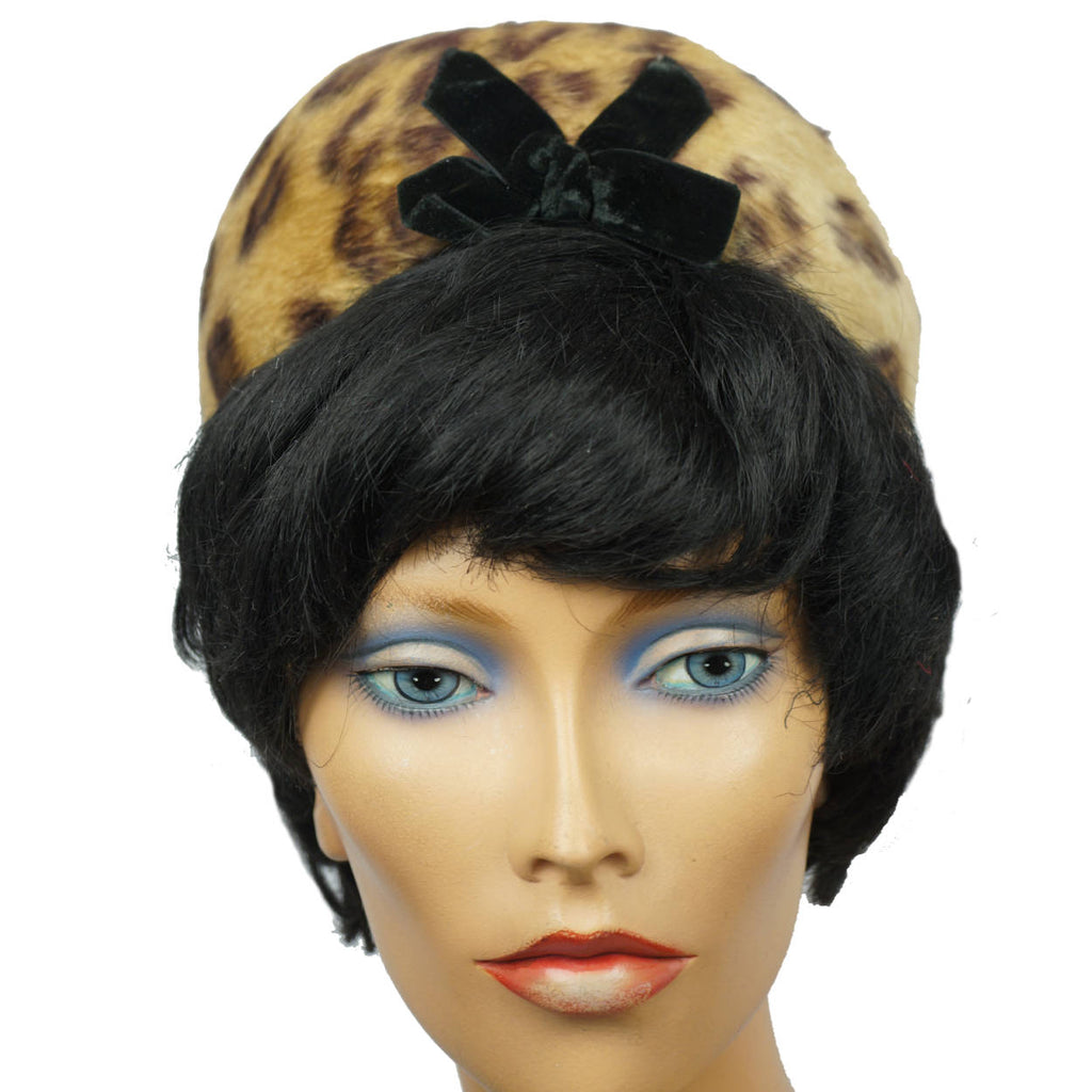 Vintage 1960s Leopard Faux Fur Pillbox Hat Swiss Plush Felt Reggi of Wilshire M - Poppy's Vintage Clothing