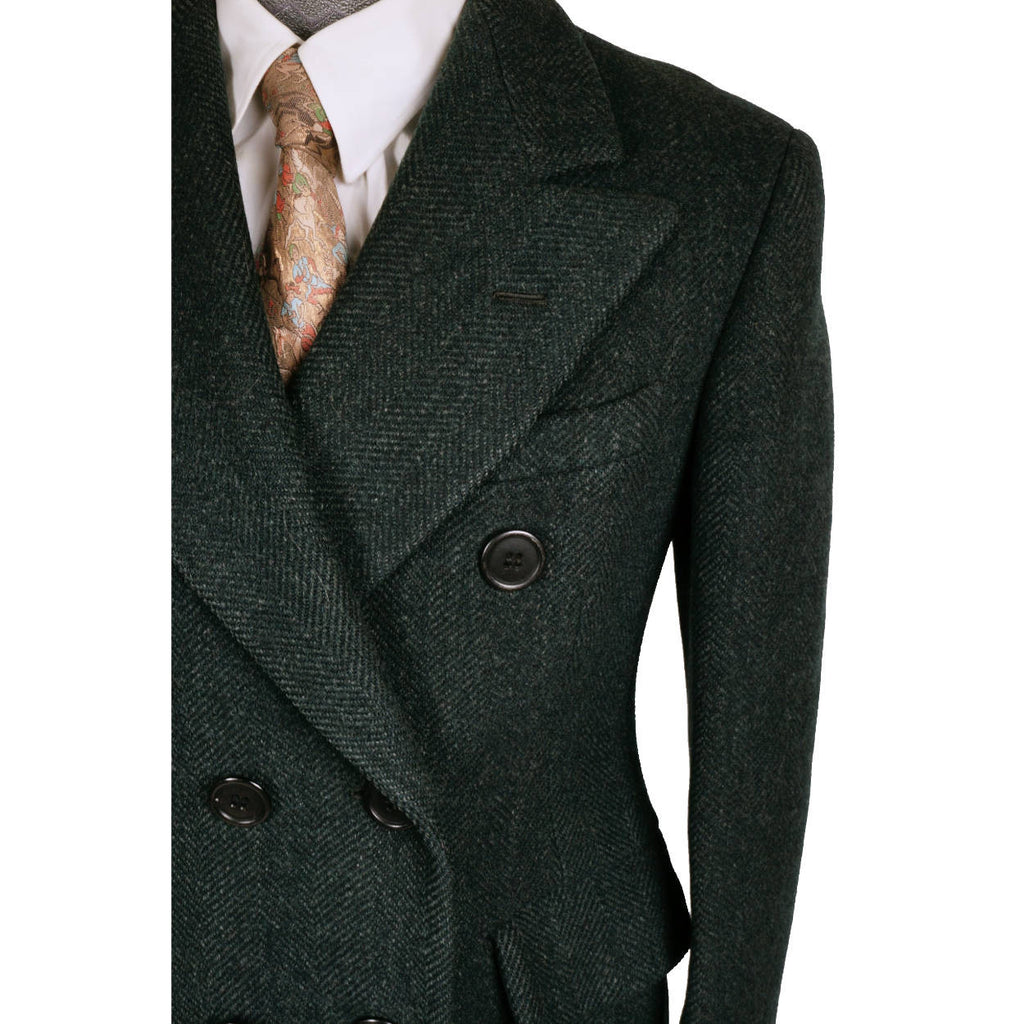 Vintage 1940s Mens Overcoat Green Wool Herringbone Tweed Coat T Eaton Co Size 38 - Poppy's Vintage Clothing