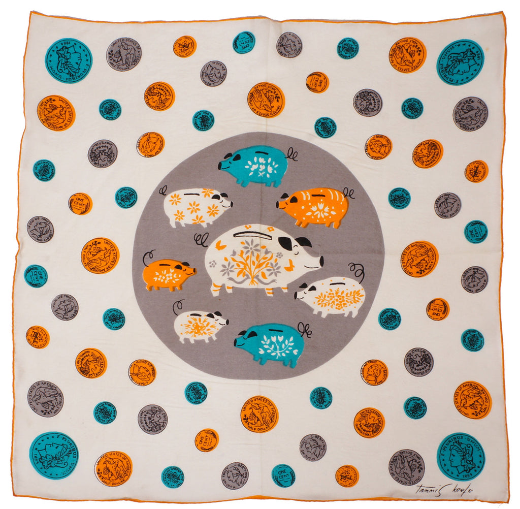 Tammis Keefe Silk Hankie Novelty Print Handkerchief Piggy Bank & Coins Vintage 50s - Poppy's Vintage Clothing