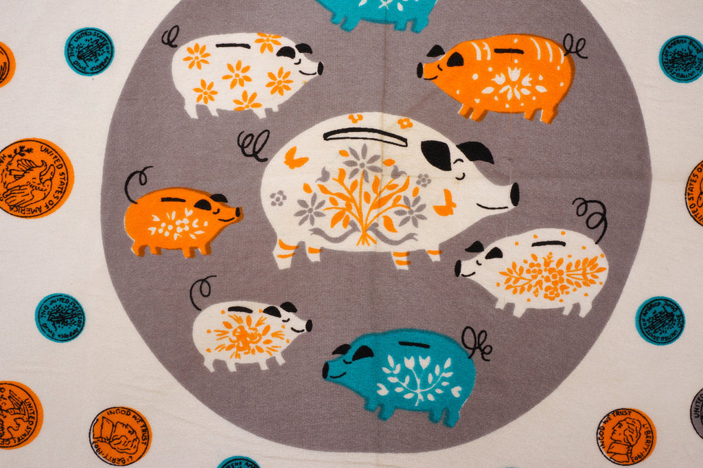 Tammis Keefe Silk Hankie Novelty Print Handkerchief Piggy Bank & Coins Vintage 50s - Poppy's Vintage Clothing