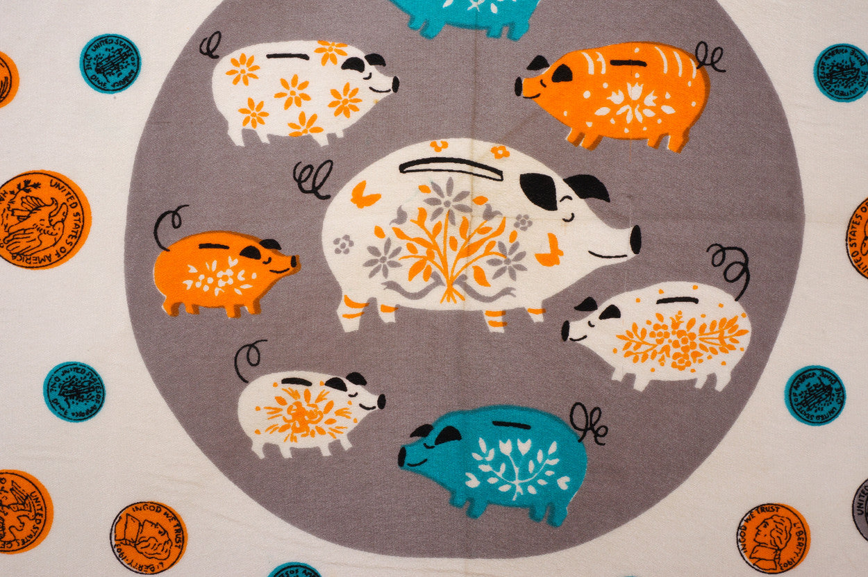 Tammis Keefe Silk Hankie Novelty Print Handkerchief Piggy Bank & Coins Vintage 50s - Poppy's Vintage Clothing