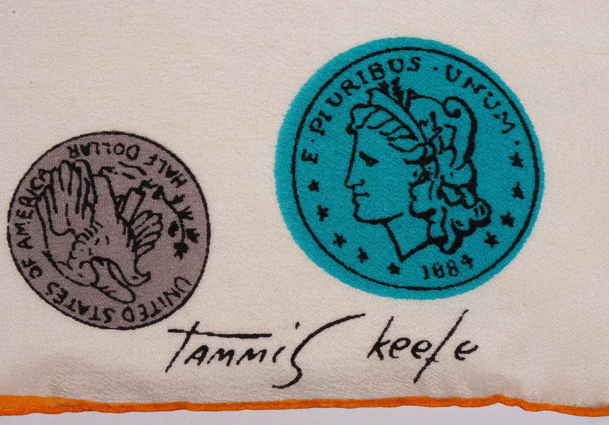 Tammis Keefe Silk Hankie Novelty Print Handkerchief Piggy Bank & Coins Vintage 50s - Poppy's Vintage Clothing