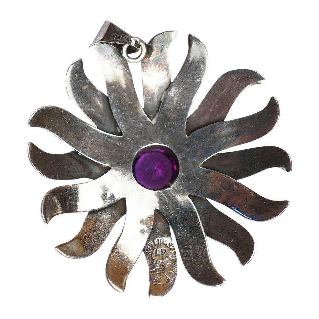 Vintage Taxco Mexican Sterling Silver Round Pendant w Amethyst Signed LR - Poppy's Vintage Clothing