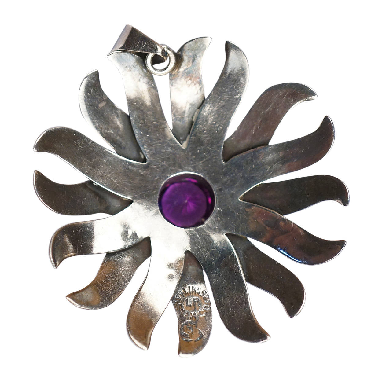 Vintage Taxco Mexican Sterling Silver Round Pendant w Amethyst Signed LR - Poppy's Vintage Clothing