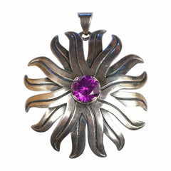 Vintage Taxco Mexican Sterling Silver Round Pendant w Amethyst Signed LR - Poppy's Vintage Clothing