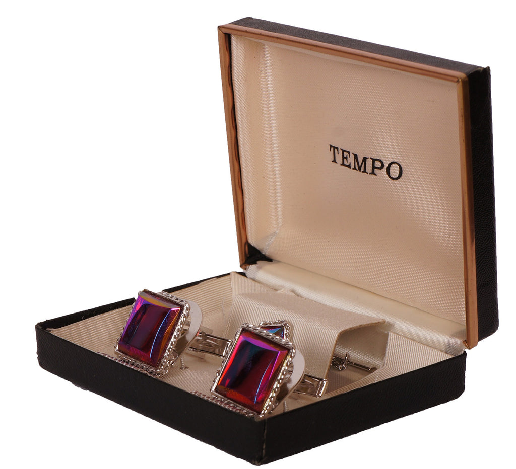 Vintage NOS Cufflinks Red Mirrored Glass w Silver Tone Cuff Guard 1970s Unused - Poppy's Vintage Clothing