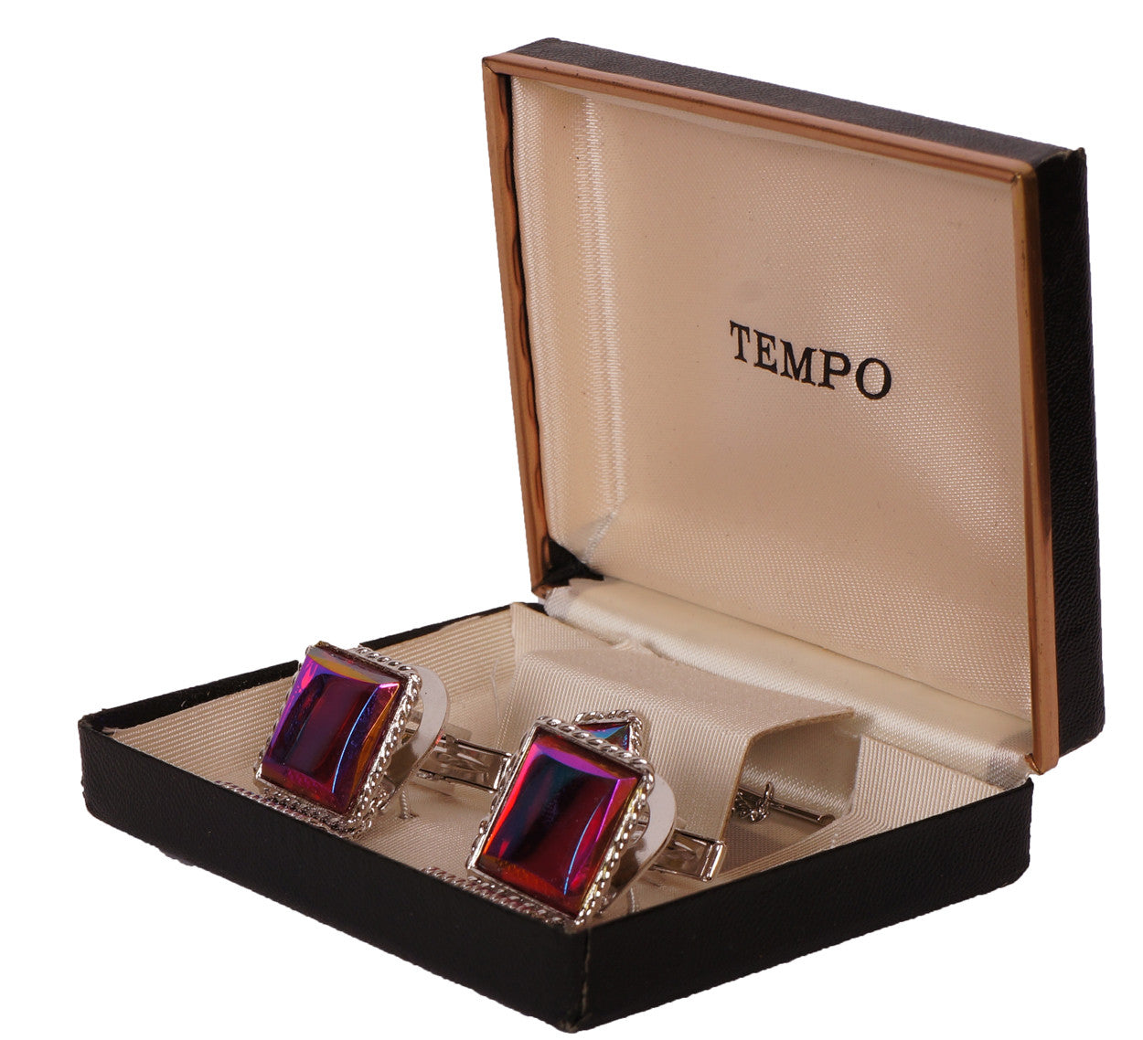 Vintage NOS Cufflinks Red Mirrored Glass w Silver Tone Cuff Guard 1970s Unused - Poppy's Vintage Clothing