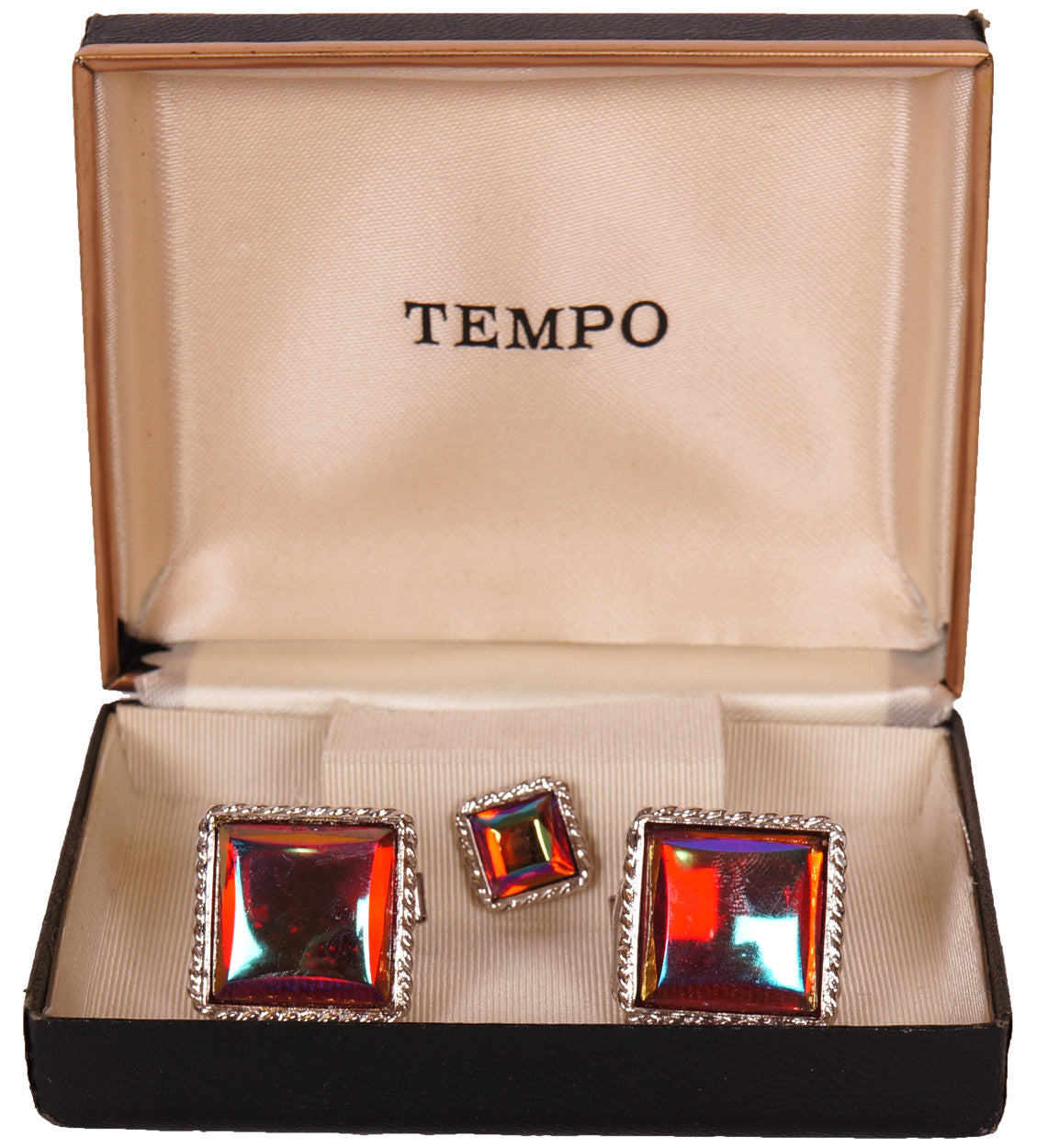 Vintage NOS Cufflinks Red Mirrored Glass w Silver Tone Cuff Guard 1970s Unused - Poppy's Vintage Clothing