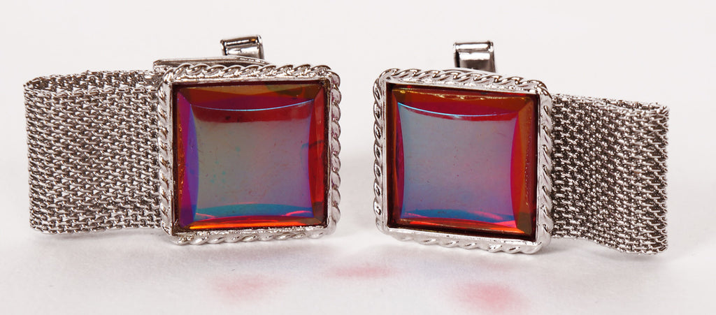 Vintage NOS Cufflinks Red Mirrored Glass w Silver Tone Cuff Guard 1970s Unused - Poppy's Vintage Clothing