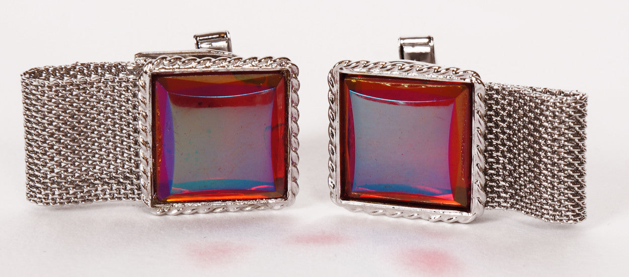 Vintage NOS Cufflinks Red Mirrored Glass w Silver Tone Cuff Guard 1970s Unused - Poppy's Vintage Clothing