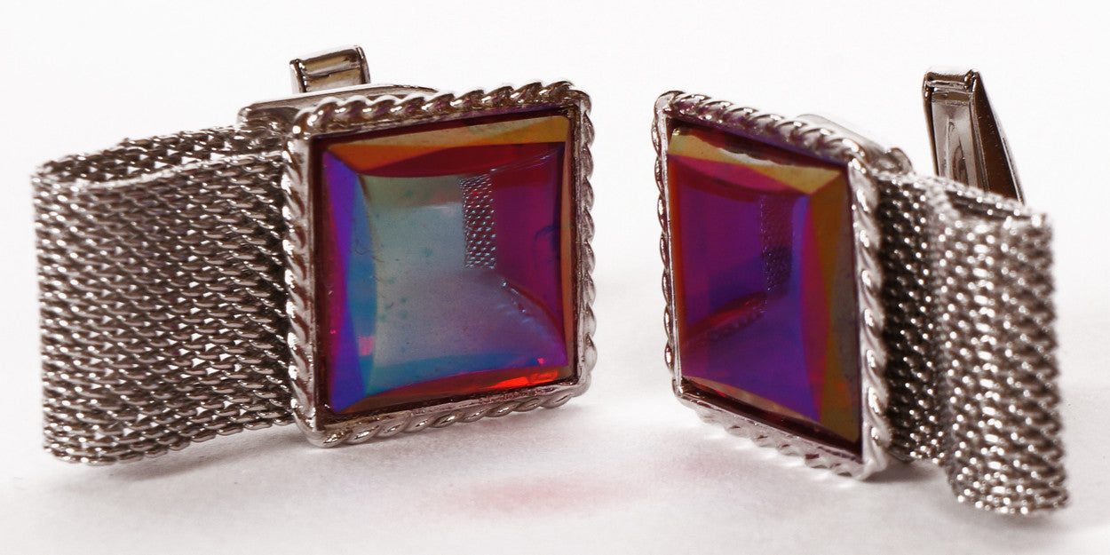 Vintage NOS Cufflinks Red Mirrored Glass w Silver Tone Cuff Guard 1970s Unused - Poppy's Vintage Clothing