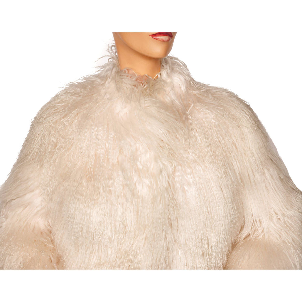 Vintage Tibetan Lamb Jacket White Mongolian Curly Fur Coat Ladies Size L - Poppy's Vintage Clothing