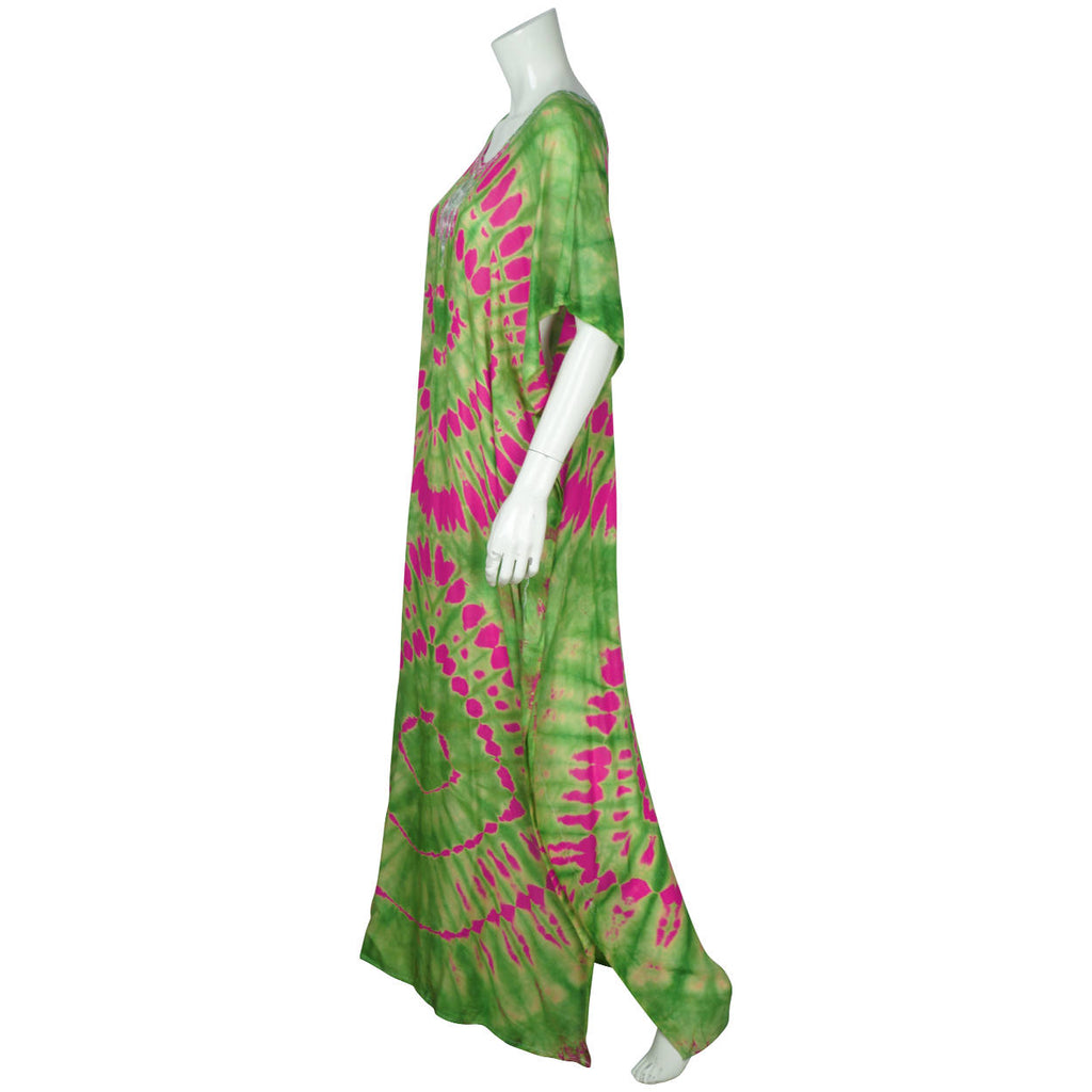 Vintage 1960s Kaftan Tie Dye Cotton Green w Neon Pink Caftan Ladies Size M - Poppy's Vintage Clothing