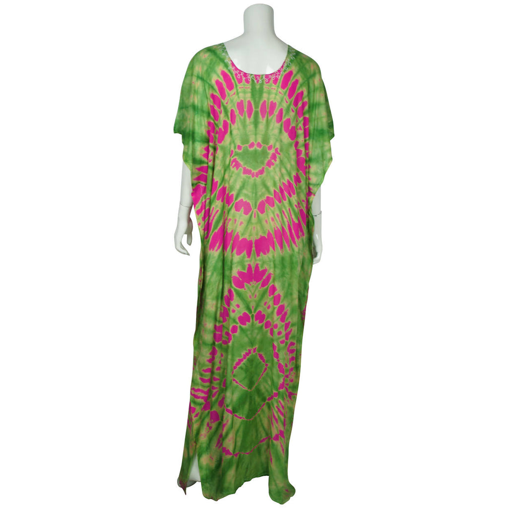 Vintage 1960s Kaftan Tie Dye Cotton Green w Neon Pink Caftan Ladies Size M - Poppy's Vintage Clothing