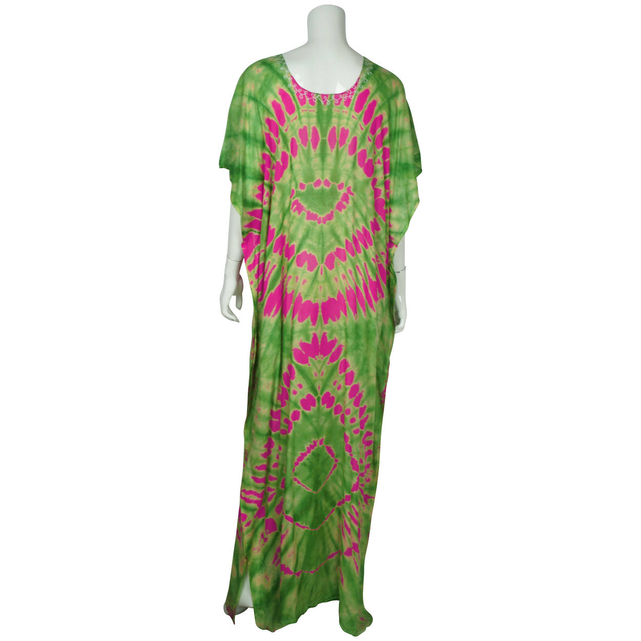 Vintage 1960s Kaftan Tie Dye Cotton Green w Neon Pink Caftan Ladies Size M - Poppy's Vintage Clothing