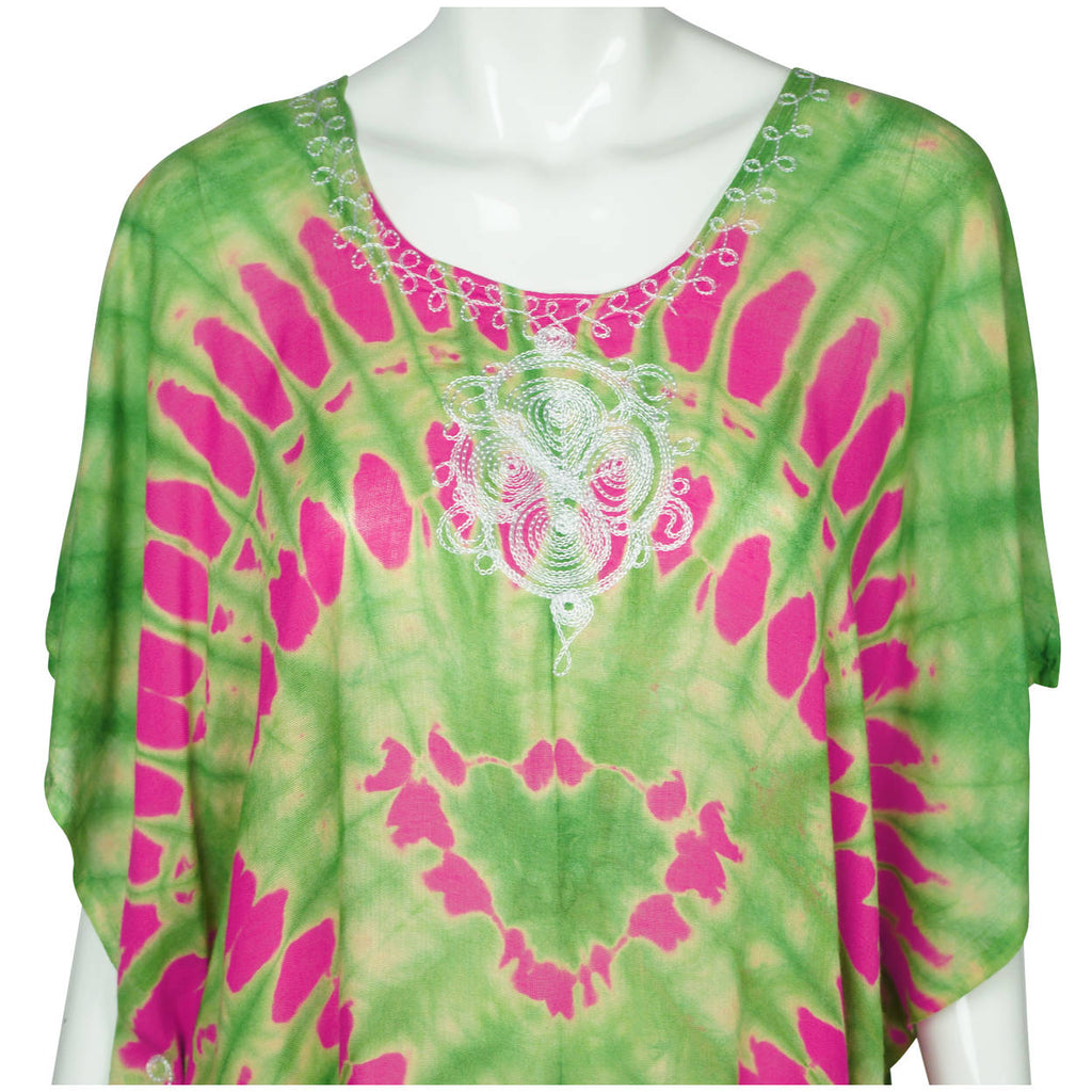 Vintage 1960s Kaftan Tie Dye Cotton Green w Neon Pink Caftan Ladies Size M - Poppy's Vintage Clothing