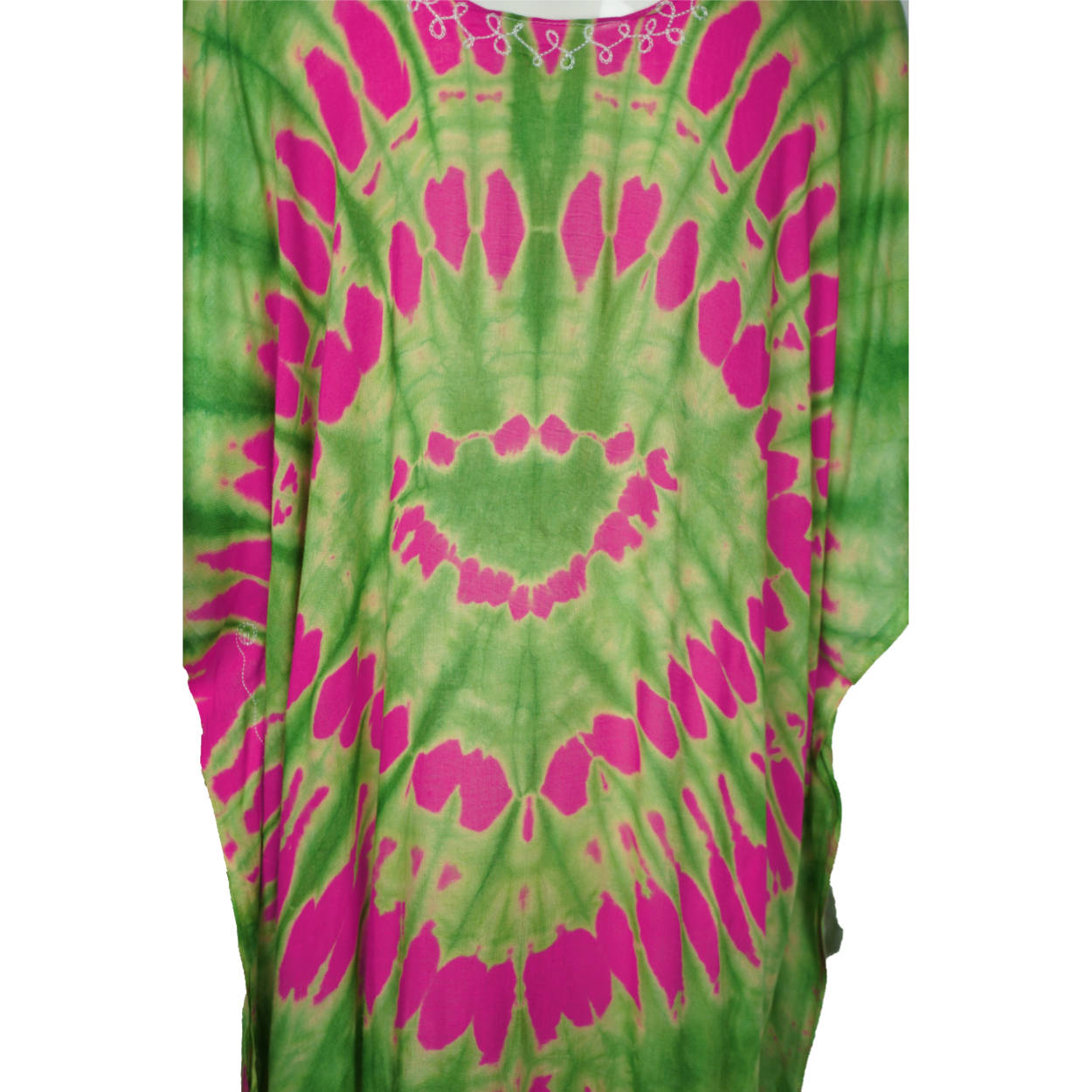 Vintage 1960s Kaftan Tie Dye Cotton Green w Neon Pink Caftan Ladies Size M - Poppy's Vintage Clothing