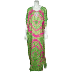 Vintage 1960s Kaftan Tie Dye Cotton Green w Neon Pink Caftan Ladies Size M - Poppy's Vintage Clothing