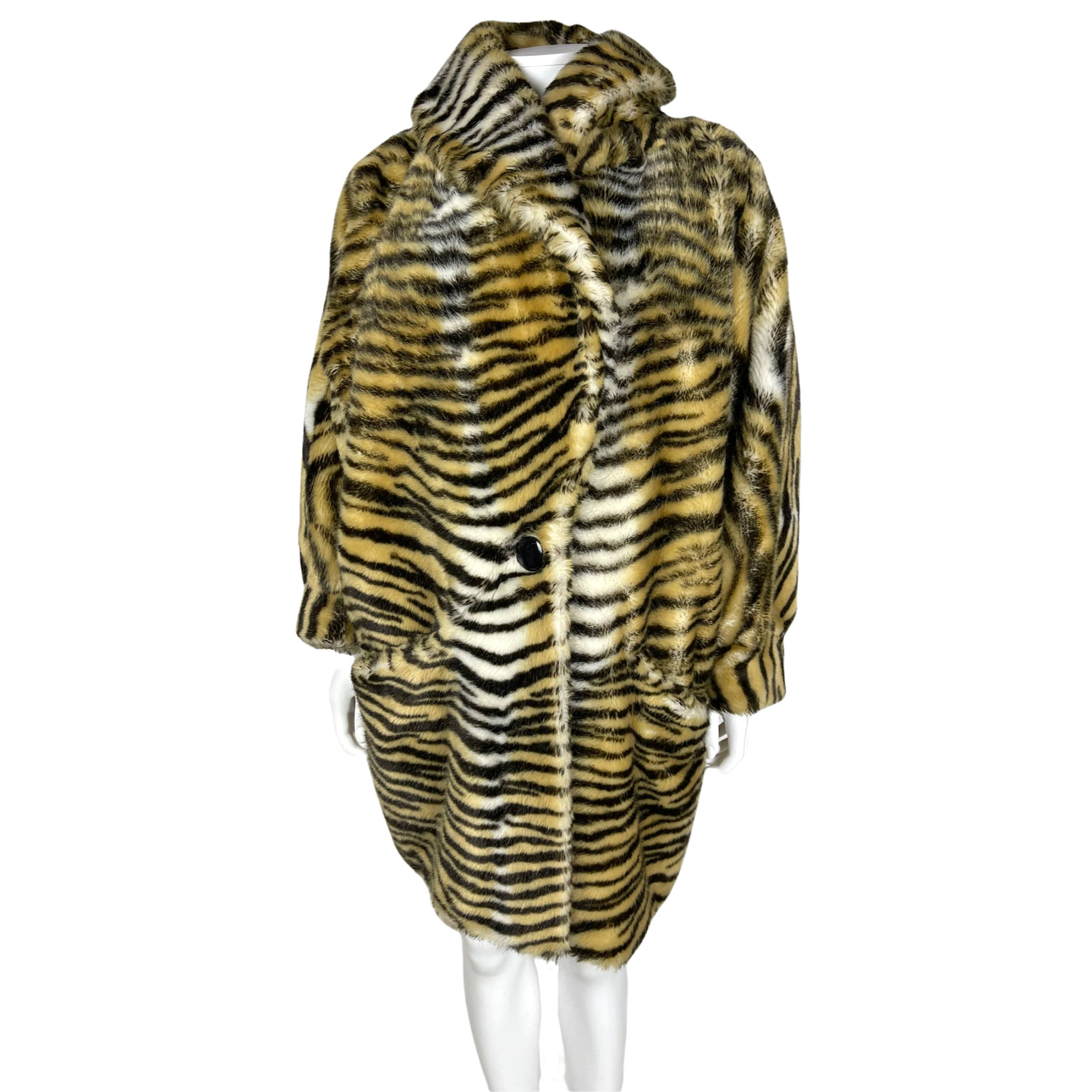 Vintage 1980s Faux Fur Coat Tiger Pattern Made in France L