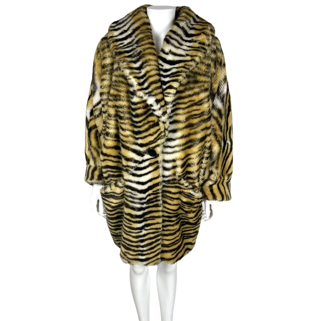 Vintage 1980s Faux Fur Coat Tiger Pattern Made in France L