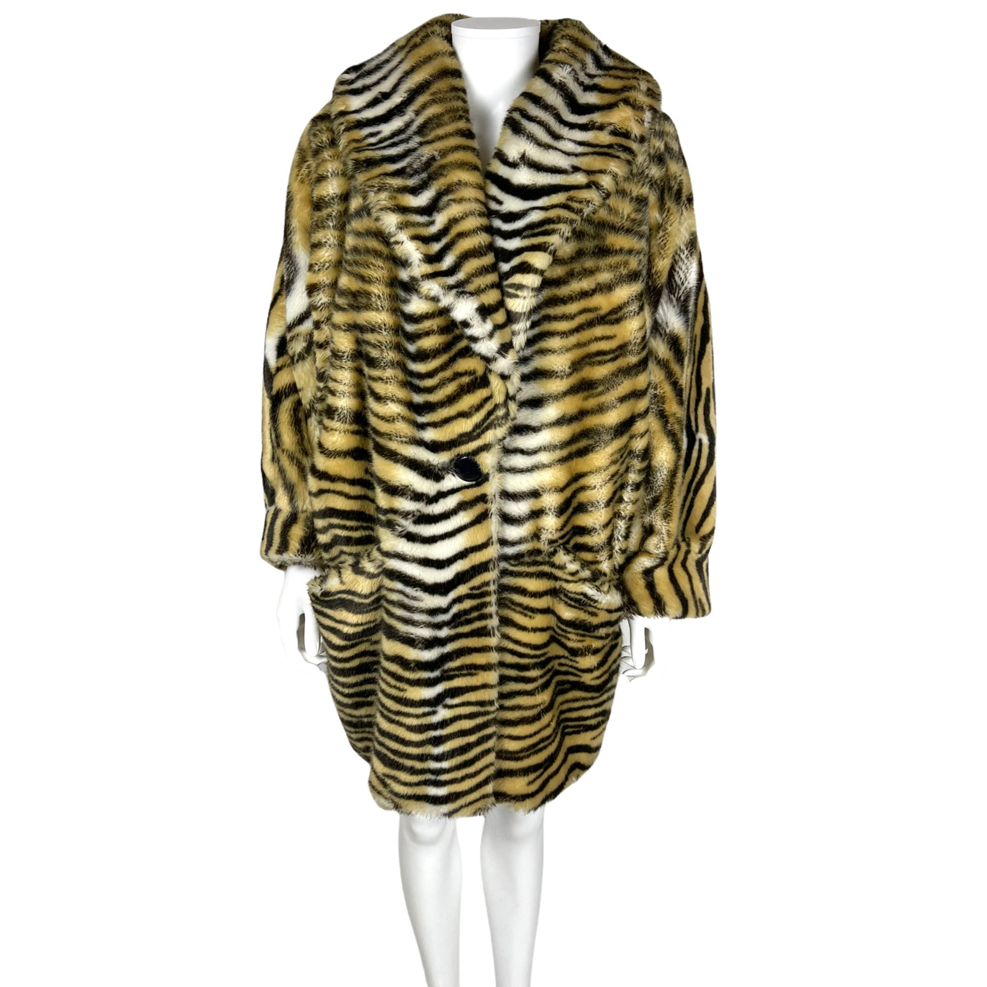 Vintage 1980s Faux Fur Coat Tiger Pattern Made in France L