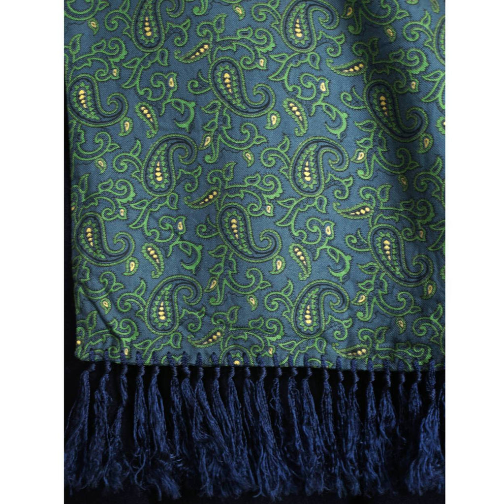 Vintage Tootal Fringed Paisley Scarf Blue and Green 1940s 50s Mens Fashion - Poppy's Vintage Clothing