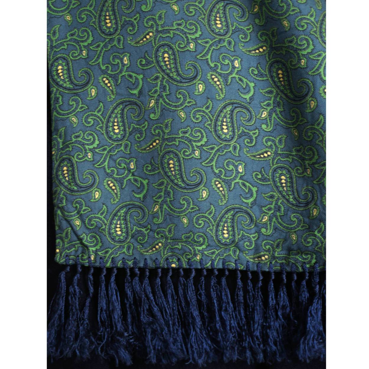 Vintage Tootal Fringed Paisley Scarf Blue and Green 1940s 50s Mens Fashion - Poppy's Vintage Clothing