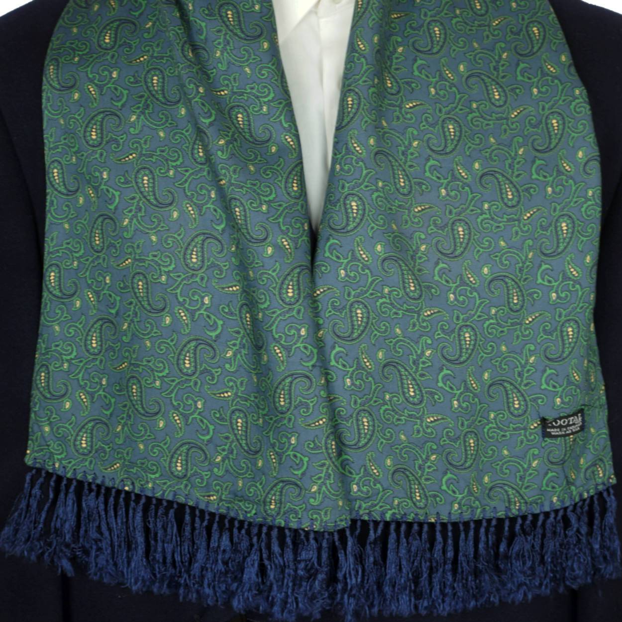 Vintage Tootal Fringed Paisley Scarf Blue and Green 1940s 50s Mens