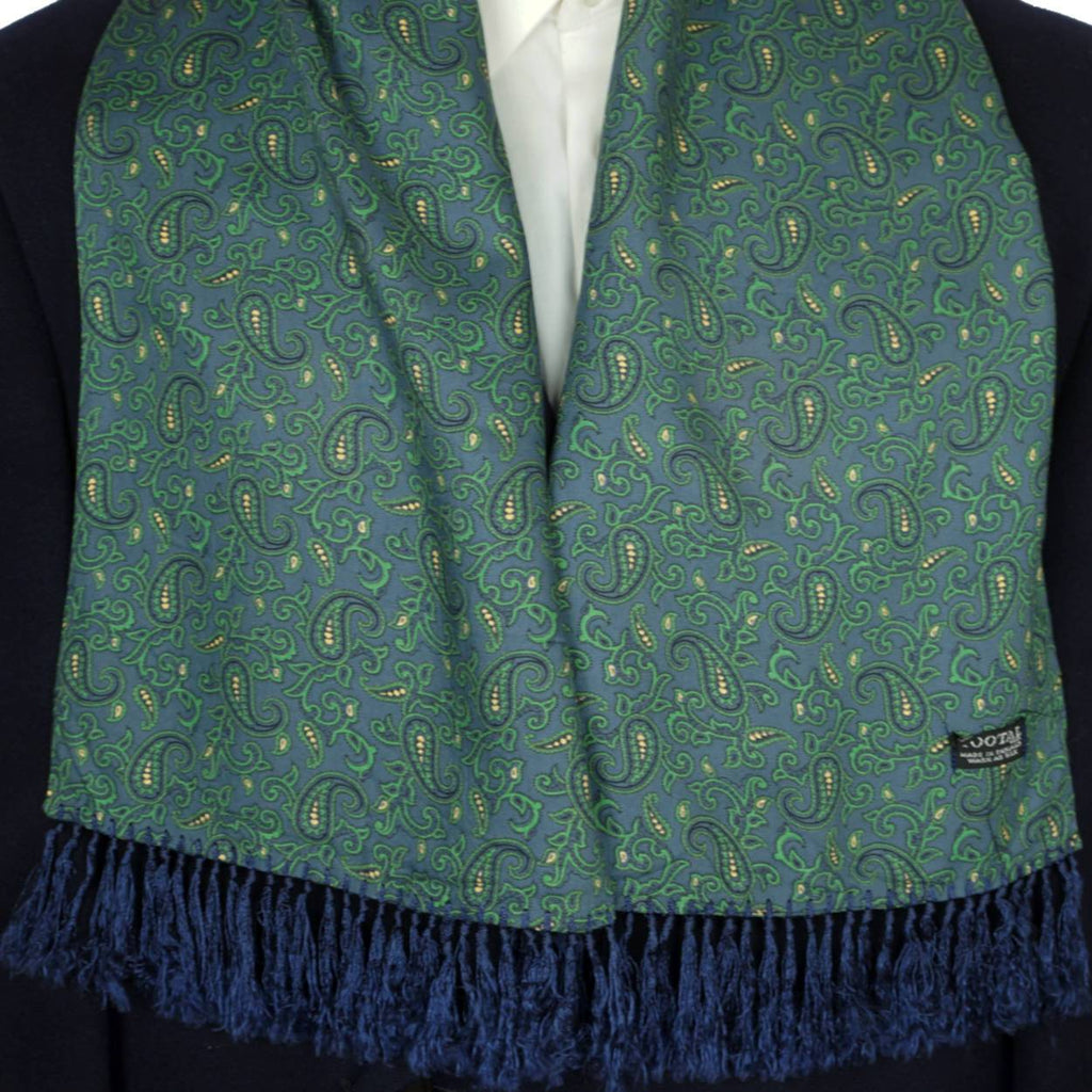 Vintage Tootal Fringed Paisley Scarf Blue and Green 1940s 50s Mens Fashion - Poppy's Vintage Clothing