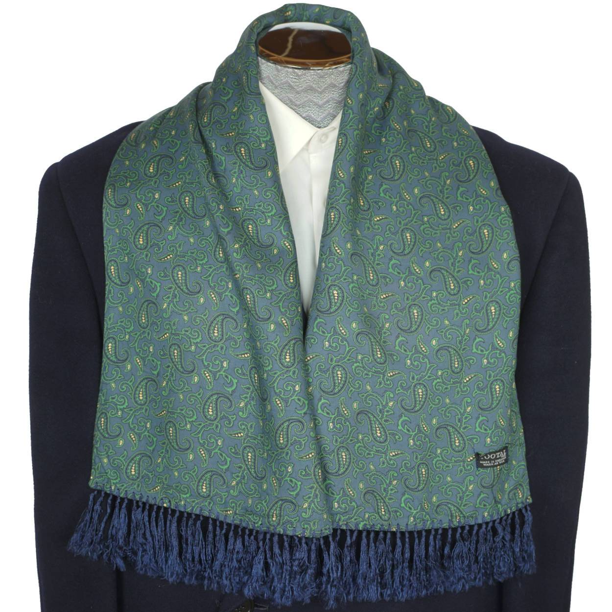 Vintage Tootal Fringed Paisley Scarf Blue and Green 1940s 50s Mens Fashion - Poppy's Vintage Clothing