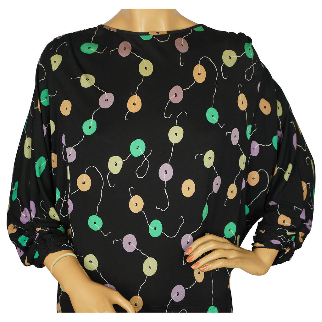 Vintage 1970s Dress Black Viscose Button Print by Tricosa Paris Made in France M - Poppy's Vintage Clothing