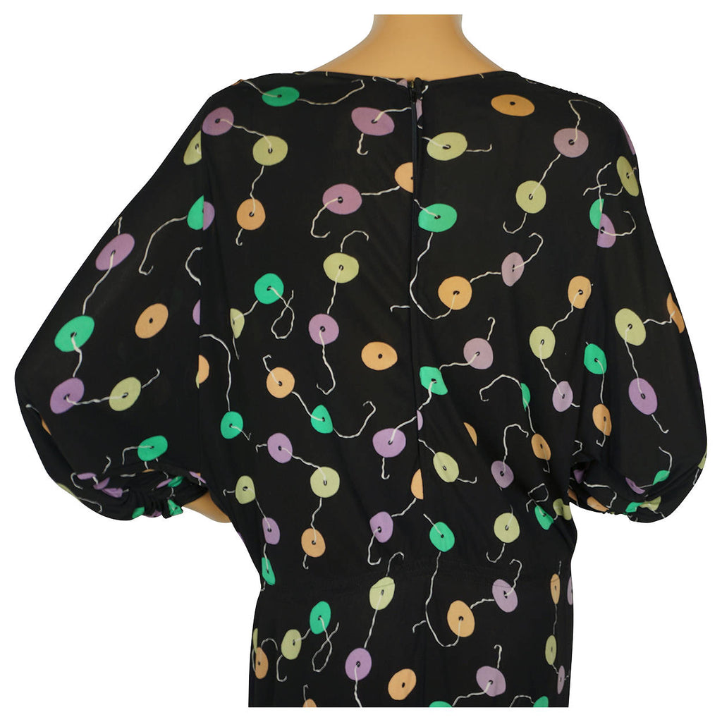 Vintage 1970s Dress Black Viscose Button Print by Tricosa Paris Made in France M - Poppy's Vintage Clothing