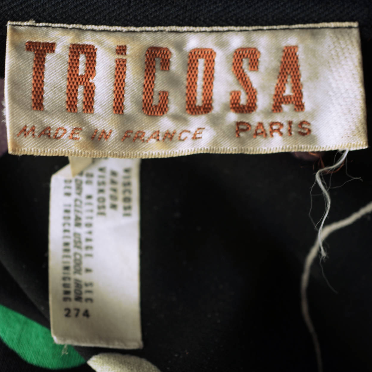 Vintage 1970s Dress Black Viscose Button Print by Tricosa Paris Made in France M - Poppy's Vintage Clothing