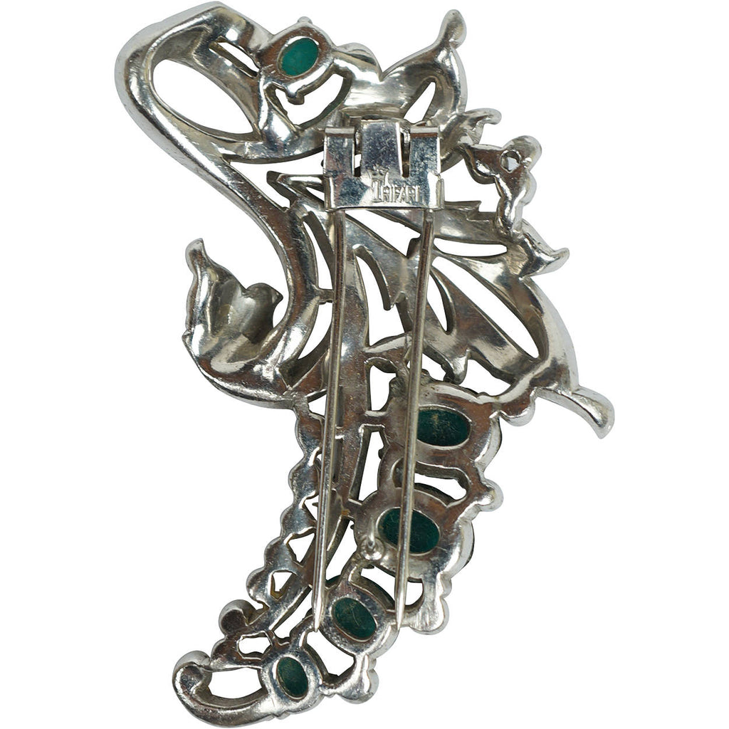 Crown Trifari 1940 Alfred Philippe Fur Clip Rhinestone &amp; Green Cabochons 122097 - Poppy's Vintage Clothing