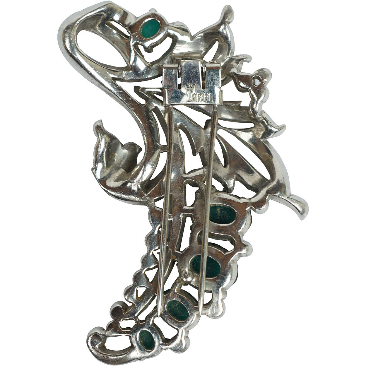 Crown Trifari 1940 Alfred Philippe Fur Clip Rhinestone &amp; Green Cabochons 122097 - Poppy's Vintage Clothing