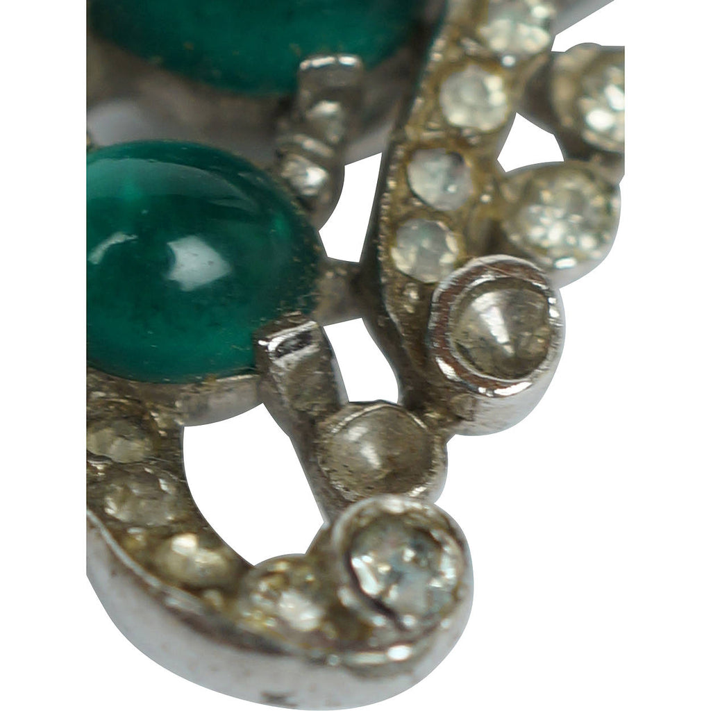 Crown Trifari 1940 Alfred Philippe Fur Clip Rhinestone &amp; Green Cabochons 122097 - Poppy's Vintage Clothing